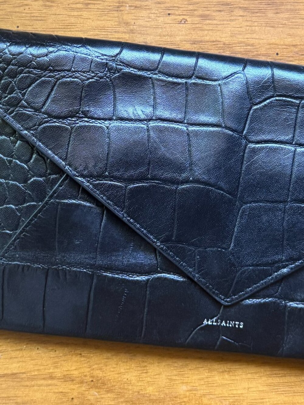 AllSaints black croc-embossed leather envelope clutch